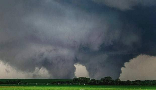 Rare twin wedge tornadoes in Nebraska in June 2016. The United States is the only country in the world that experiences such a high frequency of tornadoes.