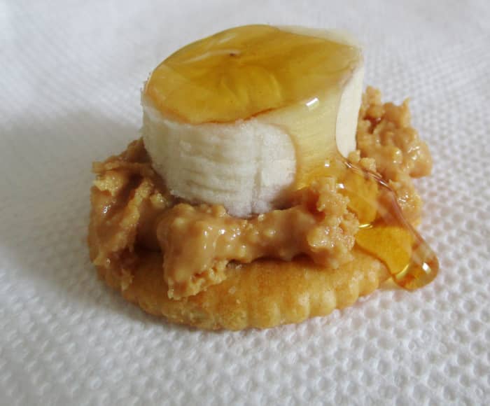 Banana, peanut butter and honey on a Ritz cracker is a quick, nutritious and delicious snack. Except for the banana (or strawberries) crackers, peanut butter and honey will store indefinitely.