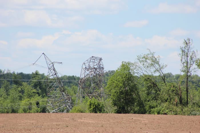 Transmation towers crumpled by a tornado on April 28, 2011, near the Brown's Ferry Nuclear Power Plant. Alabama averages 44 tornadoes yearly.