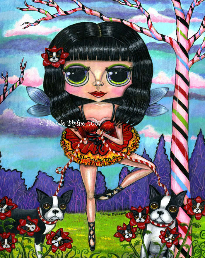 A quirky big-eye girl dancing the "Boston Terrier Ballet" with friends. Of course! Perfectly normal behavior!