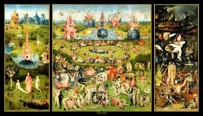 Of all the arts to depict such a subject as heaven and hell on earth, few can equal the mediaeval artist Hieronymous Bosch. In this three panel painting, we see the evolution of the world from a pastoral heavenly scene to one of civilized hell.