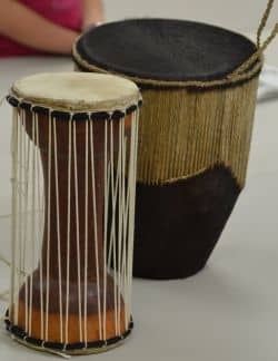 Talking drum from Nigeria (in front) and drum from Uganda (jn back) - Photo taken by Michelle Harrison, who participates in our class