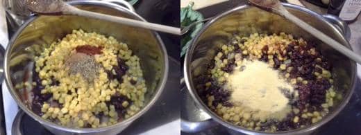 Step Nine: Add in your seasonings, Step Ten: Add in your cornmeal to thicken it