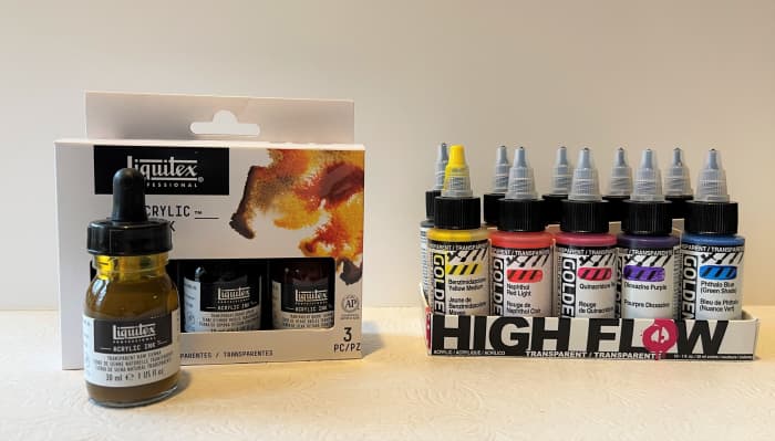 My two sets of transparent acrylic pigments. Liquitex transparent inks and Golden transparent High Flow.