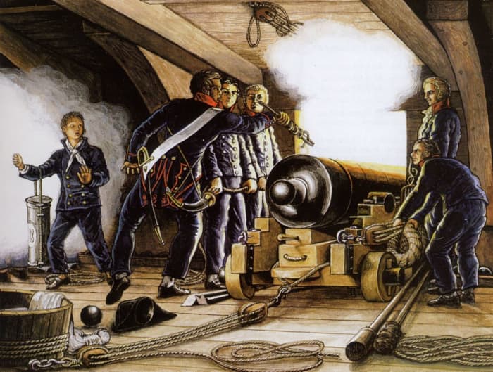 French Powder Monkey in Painting by Louis-Philippe Crépin, a Noted French Marine Painter