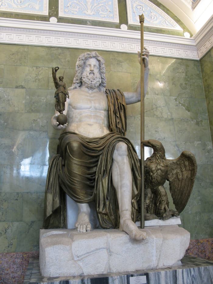 First century CE statue of Jupiter with his sacred eagle holding the goddess Victoria. The 11-foot-tall statue is from a villa of the Emperor Domitian and currently resides at the Hermitage Museum, Russia.