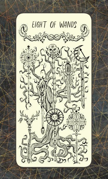 The Eight of Wands is busy. There is a lot of action taking place. If you use all this energy intelligently, you'll outmaneuver your opposition.