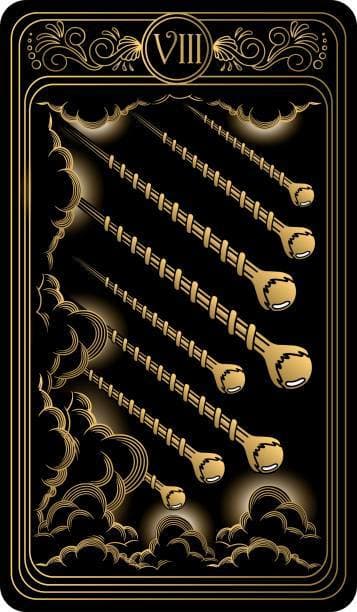 The Eight of Wands is powerful. You've basically put all your ideas and hopes into one concerted effort. All of this energy could result in what you want, or it could turn the tide on stagnation and give you real progress.