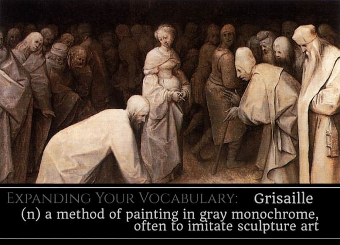 Christ and the Woman Taken in Adultery, Pieter Bruegel the Elder, 1565. A small panel painting in grisaille. It depicts the scene from John 8:1–8:20.