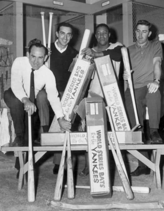 The bats have arrived. Berra, Pepitone, Elston Howard and Clete Boyer pose for a Louisville Slugger promotional photo just prior to the Series.