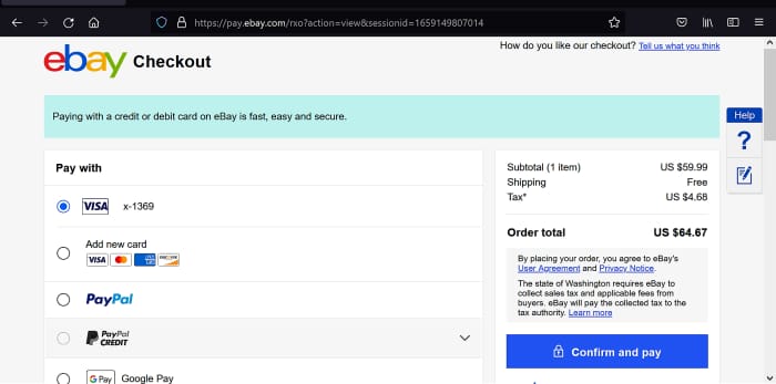 eBay is now directly accepting credit / debit cards for some sellers. In this case I have already added a Visa Card to my Account.