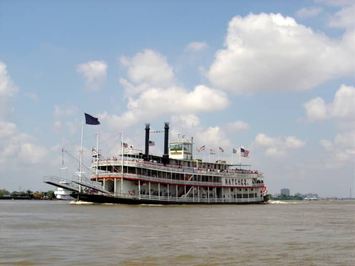 The steamboat "Natchez" heads out from its dock in New Orleans as it provides passengers an excellent view of the city from the Mississippi River.