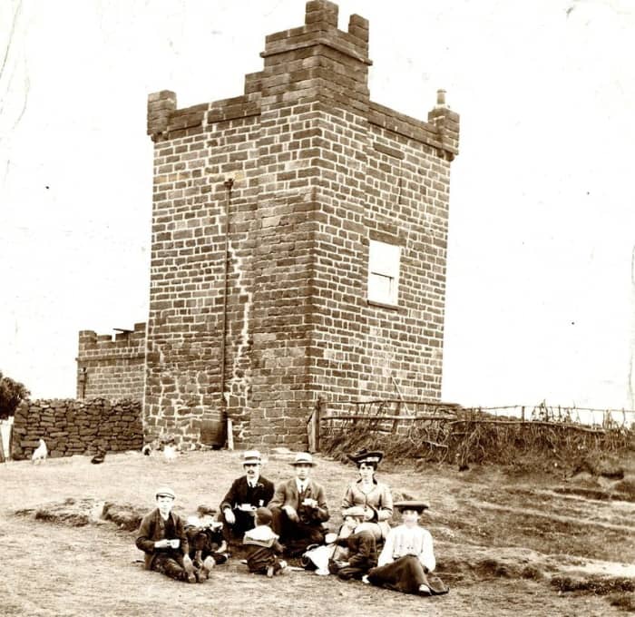 A view of the old Nab structure shows the long vertical crack in the masonry that ushered its demolition. It was still lived in at this stage