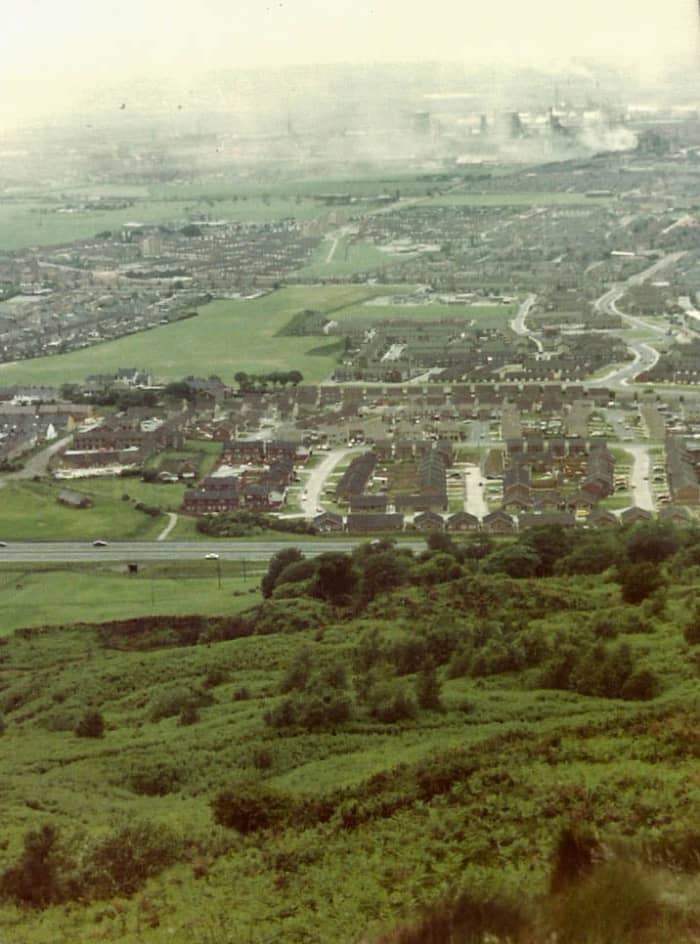 Eston seen from the 'Scarp, the escarpment crest in 1982, with the steel works beyond at Grangetown and South Bank
