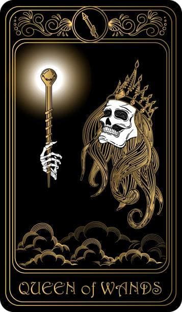 The Queen of Wands carries a staff for healing and for summoning beasts to her side. She gets to decide whether she'll use her powers for creation or destruction.