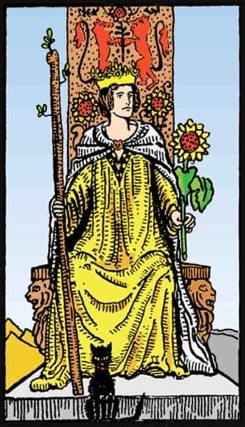 The Queen of Wands is a summoner of beasts. She calls ferocious creatures like lions to her side. She also summons cats who are cunning, picky, and intuitive.