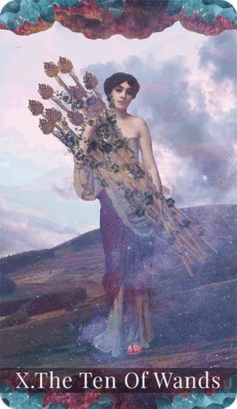 The Ten of Wands is about having a great deal of responsibility. This card in a love reading shows an earnest lover who wants to impress someone. They might show up at your house with a large bouquet of flowers.