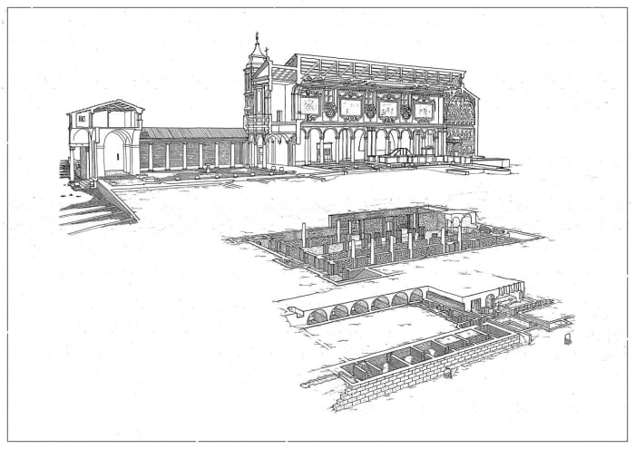 An artist's reconstruction of the Basilica of San Clemente. Top: 12th-century basilica, Middle: 4th-century basilica, Bottom: Mithraeum and 1st-century buildings