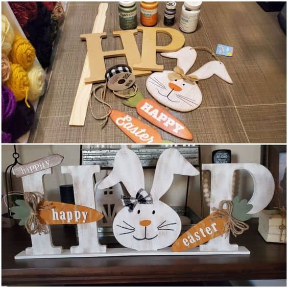 Check out this amazing before and after! Above are the dollar store supplies used, and below is the gorgeous "hop" decoration the crafter created.
