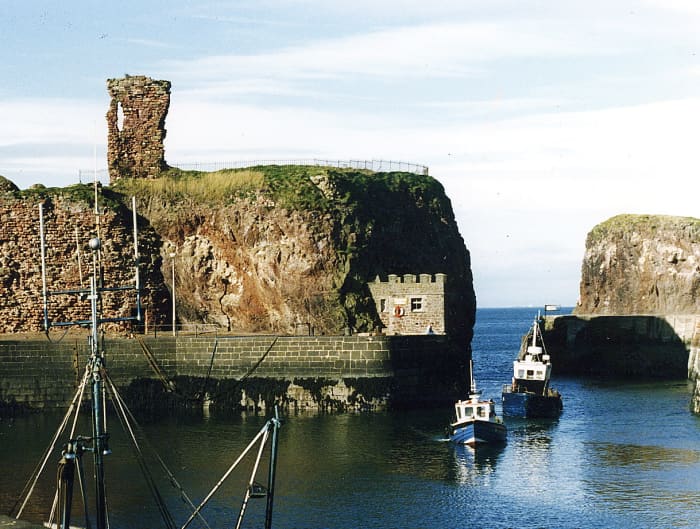 Dunbar harbour and castle, East Lothian, Scotland, in 1987.