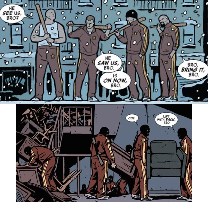 Tracksuit Mafia goons in the Hawkeye comic series beginning in 2012 by Matt Fraction and David AjaA.