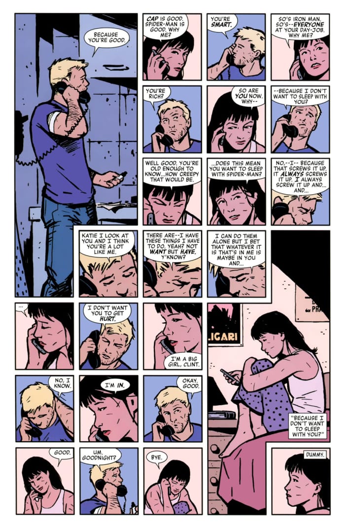 Page from Hawkeye #2, Pencils and inks by David Aja. Colors and letters by Matt Hollingsworth & Chris Eliopoulos.