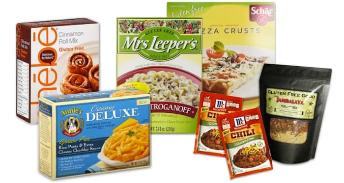 Chebe Gluten Free Cinnamon Roll Mix, Annie's Homegrown GF Creamy Deluxe Rice Pasta Dinner, Mrs. Leeper’s GF Beef Stroganoff, Scharr GF Pizza Crusts, McCormick GF Chili Seasoning Mix, and GF Good Foods Cajun Jambalaya Family Meal for 4. All from