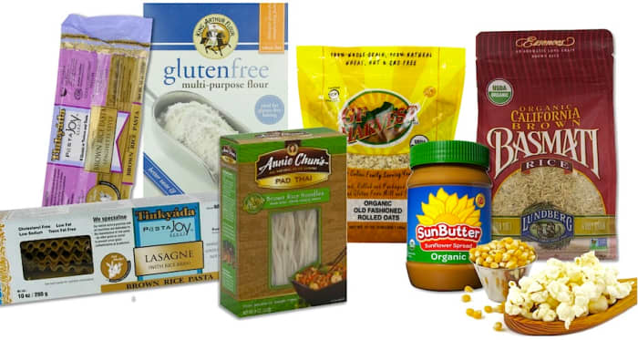 Tinkyada Brown Rice Lasagne Pasta and Spaghetti, King Arthur Gluten Free Multipurpose Flour, Annie Chun's Pad Thai Noodles, GF Harvest Organic Rolled Oats, SunButter Sunflower Seed Spread, Lundberg Basmati Brown Rice, and GF Non-GMO Popcorn. All at