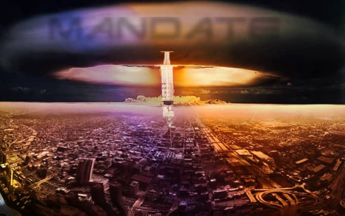 Image showing a needle injected into a city as though it were a nuclear weapon, compiled by R. G. Kernodle.