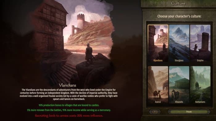 Of the six cultures to choose from in "Bannerlord", the best culture is the Vlandians.