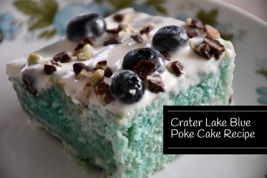 Crater Lake Blue Poke Cake is a tea cake sponge infused with Jell-O. It is a love letter to Oregon, one of the nation's biggest blueberry providers and celebrators of originality.