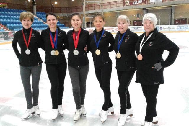 Kelowna adult figure skaters (from left): Jacqueline Parser, Karen Smith, Donna Bergvinson, Isabella Ciocoiu, Maureen Barnes, and Henrietta Penney.