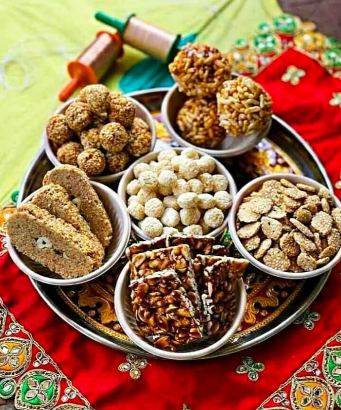 Sweets made from jaggery sesame seeds and peanuts are the main delicacies during the festival
