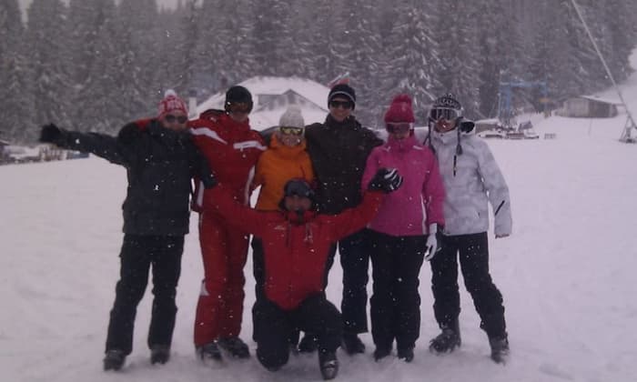 Pamporovo 2011- ski jackets and salopettes required for skiing enjoyment and for protection from the cold of a snow shower.