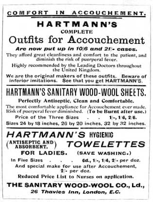 A menstrual pad advertizement from the 1920s. There's more pressure to hide your period in modern day ads, but the bolded "To Be Burnt After Use" is worrying, unless, used wound dressings weren't burned after they were used in those days.