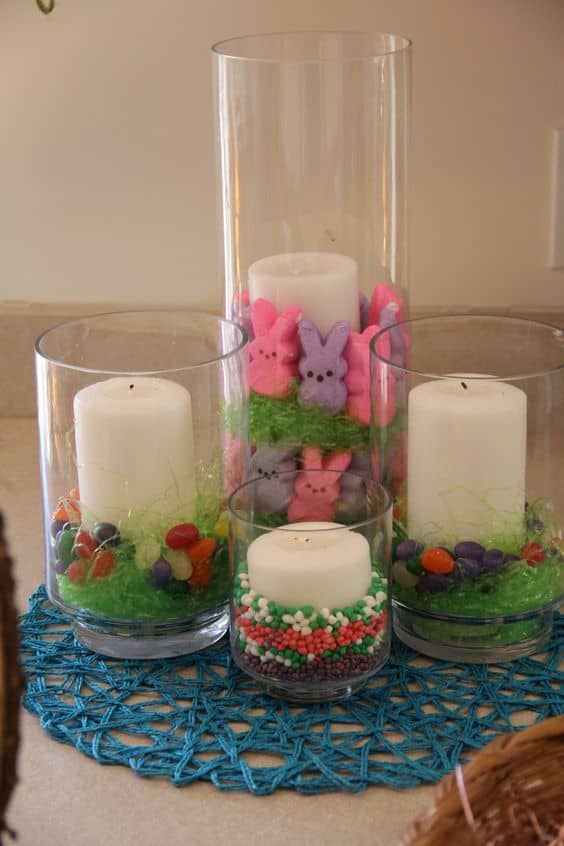 You can fill glass candle holders with all kinds of Eastery things: Peeps, jellybeans, eggs, etc. (Just be very careful if these get lit, or avoid lighting them.)