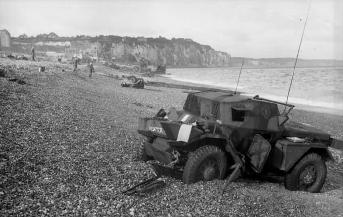 An abandoned Dingo scout car on the shingle beach at Dieppe. These vehicles, like the tanks, were unable to cross the shingle beach. Losses were unacceptably high due to someone's oversight and poor planning