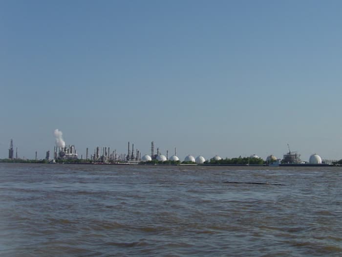 One of several tank farms along the banks of the Mississippi where petroleum products and chemicals are stored before being loaded into tankers.south of Venice, Louisiana.