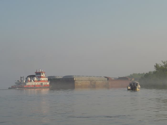 A tow boat with barges had parked overnight among trees at the edge of the river near "Bixby's Cub". The early morning fog greets the crew.