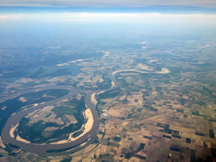 The Mississippi River near New Madrid. Imagine the river flowing backwards and flooding all of that farmland around it.