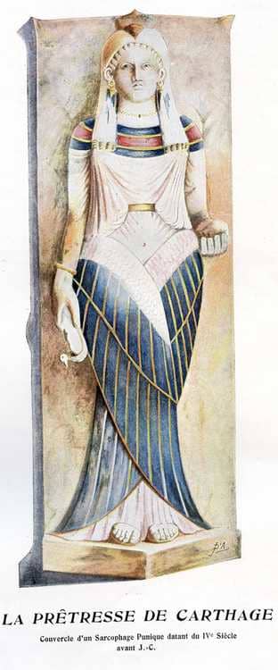 An illustration of a sarcophagus lid from Carthage depicting a priestess of Isis. (Carthage National Museum, Byrsa, Tunisia) / Photo by Père Delattre, Wikimedia Commons