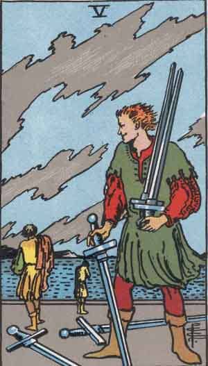 A man with a huge ego smiles as he holds more swords than he can possibly wield. Two men walk away from him with their heads bowed; they're disappointed by the sword-wielding man.
