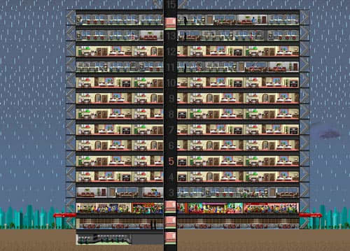 Rainy weather days see a significant dip in sales for your shops and retail attractions. Maybe the SimTower world is so polluted that they have acid rain.