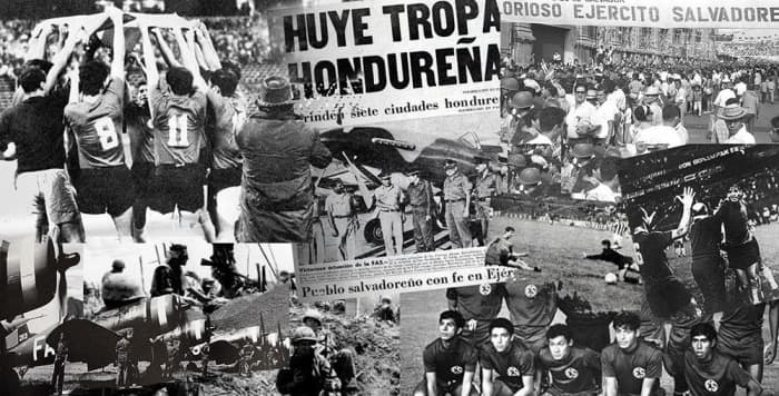 A collage of newspaper headlines and images depicting the "Soccer War" between El Salvador and Honduras in 1969.