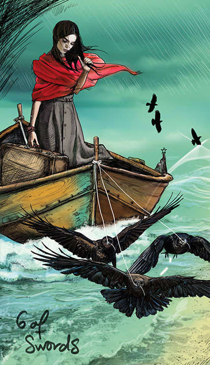The Six of Swords foretells of a journey into the unknown. You may have been forced into this journey because of a sorrowful experience. There are calmer waters on the other side; the initial sting of change is the hardest part.