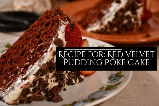 Red velvet cake with pudding, strawberries, chocolate chips, and chocolate granola. Your friends will think you're a baking god and should start selling your cakes around town.