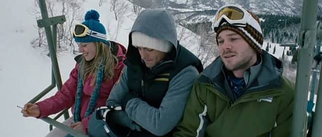 Tragedy is hours away as Parker (Emma Bell) Dan (Kevin Zegers) and Lynch (Shawn Ashmore) take the chairlift to the top of Mount Holliston for some skiing and snowboarding fun.