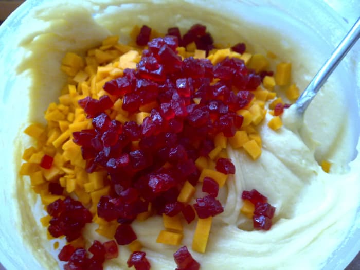 add in diced cherries and raw pumpkin into the batter, Mix well, although it may be a little hard to stir...