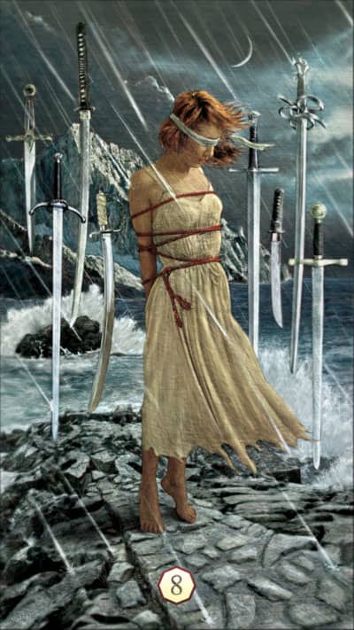 The Eight of Swords indicates that you're in a difficult situation, but if you change your perspective, things might not be as perilous as you think.