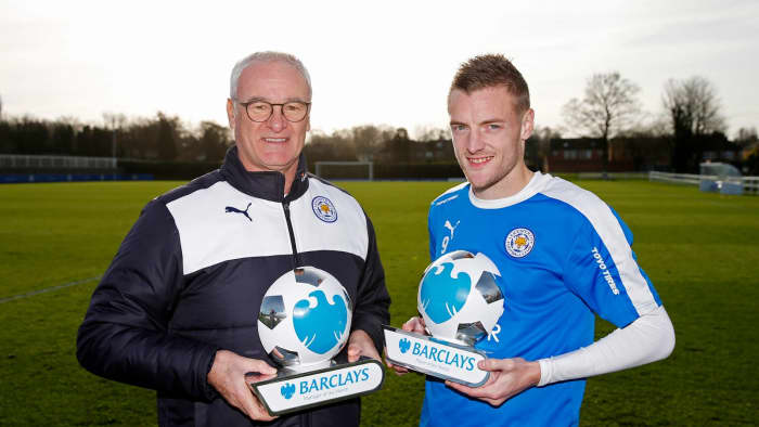 Leicester's manager Claudio Ranieri (Left) and top scorer, Jamie Vardy (Right) posing with their manager and player of the month awards in 2015.